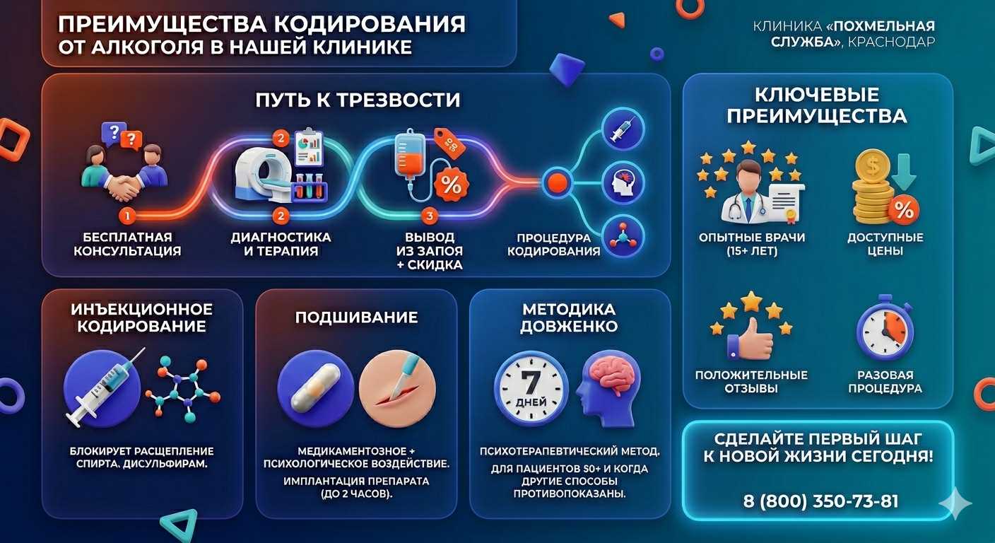 Инфографика о методах кодирования от алкоголя в Южноуральске: инъекции, подшивание, метод Довженко. Преимущества клиники и этапы лечения.